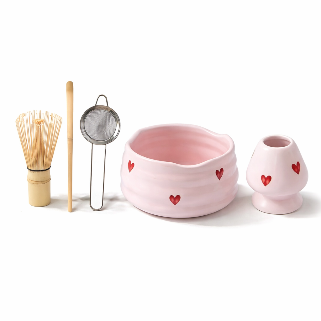 5-delat Matcha Set Rosa Hjärta – Japanskt Te-set med Skål, Bambupensel, Hållare & Sikt