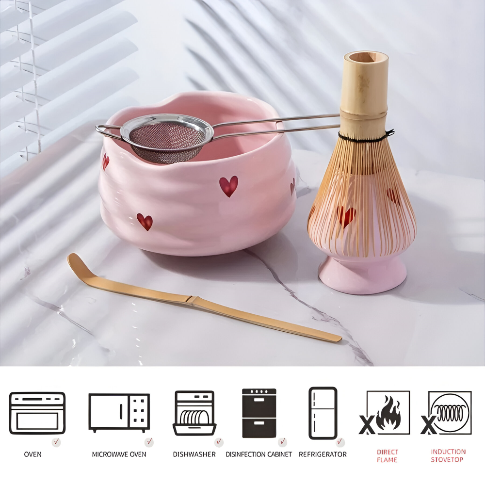 5-delat Matcha Set Rosa Hjärta – Japanskt Te-set med Skål, Bambupensel, Hållare & Sikt