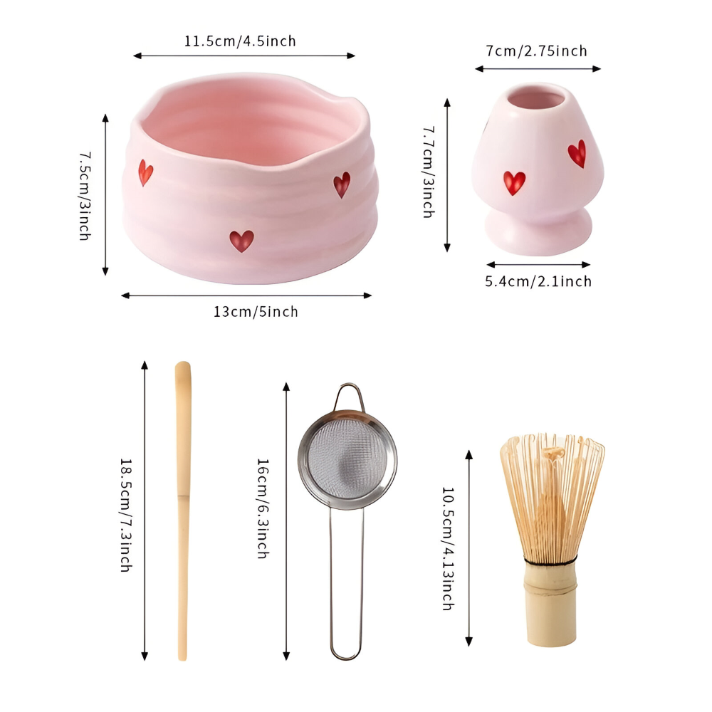 5-delat Matcha Set Rosa Hjärta – Japanskt Te-set med Skål, Bambupensel, Hållare & Sikt