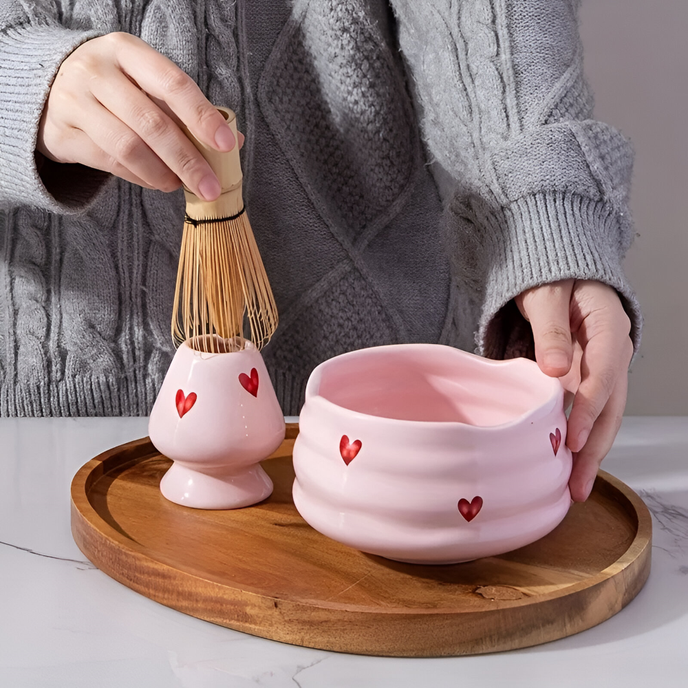 5-delat Matcha Set Rosa Hjärta – Japanskt Te-set med Skål, Bambupensel, Hållare & Sikt