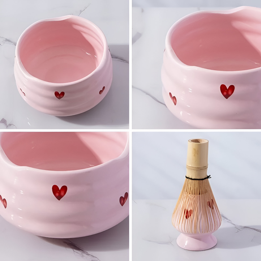 5-delat Matcha Set Rosa Hjärta – Japanskt Te-set med Skål, Bambupensel, Hållare & Sikt
