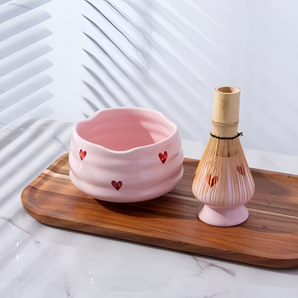 5-delat Matcha Set Rosa Hjärta – Japanskt Te-set med Skål, Bambupensel, Hållare & Sikt