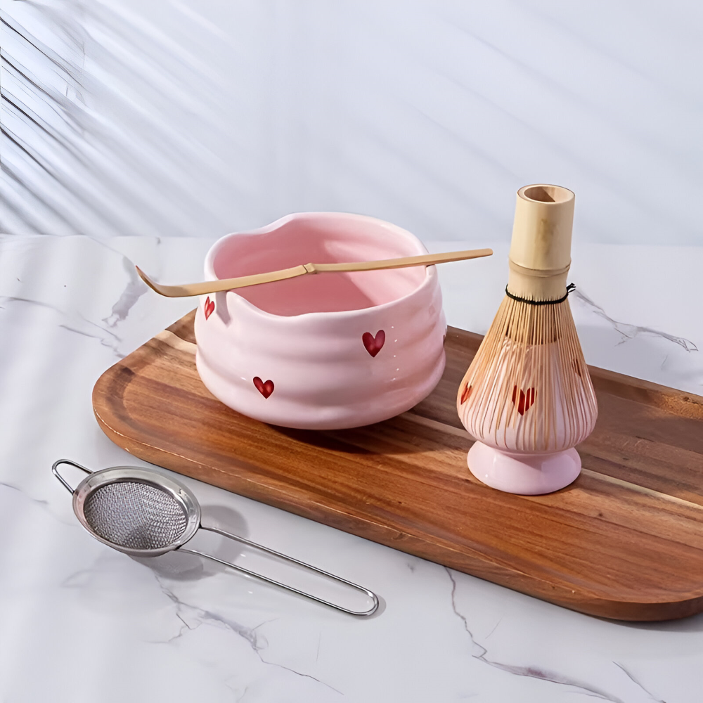 5-delat Matcha Set Rosa Hjärta – Japanskt Te-set med Skål, Bambupensel, Hållare & Sikt