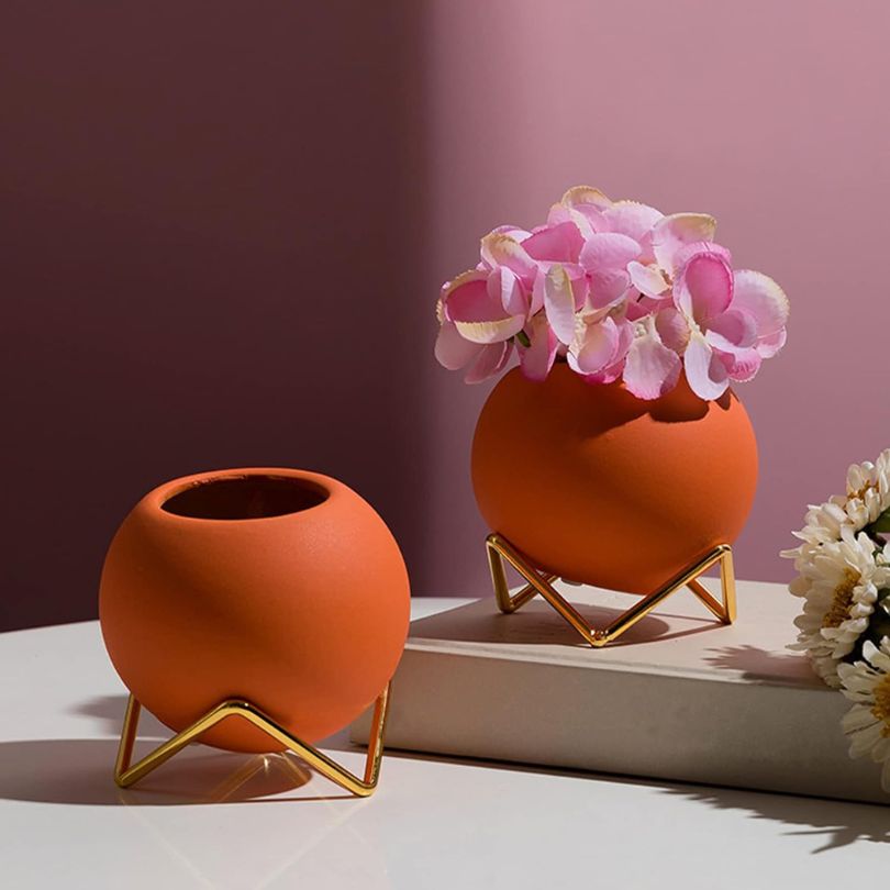 Keramisk blomkruka med metallställning Nordisk stil 10,5 cm