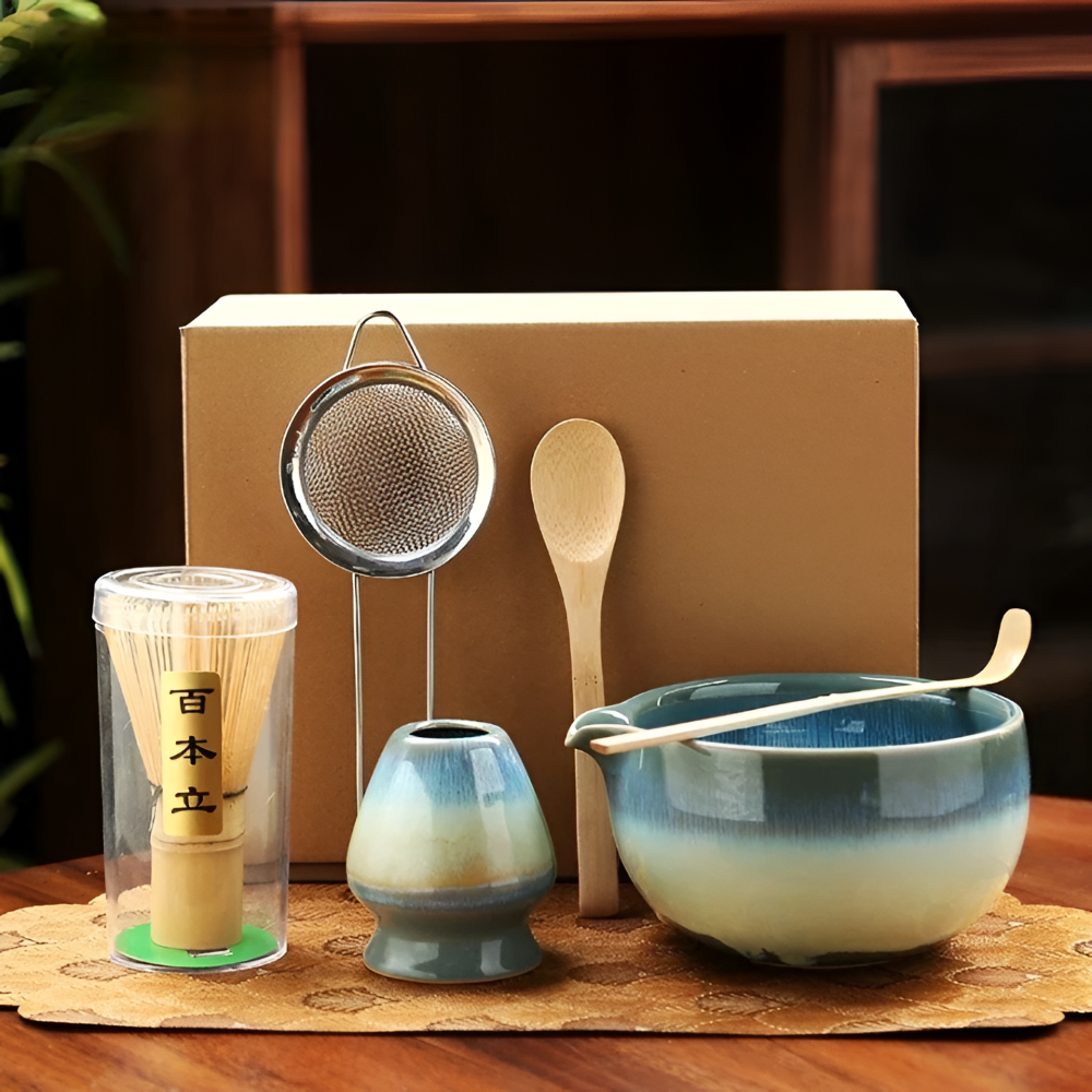 Traditionellt Japanskt Matcha Set - 6-Delar Set - Handgjord Keramikskål med Bambusverktyg