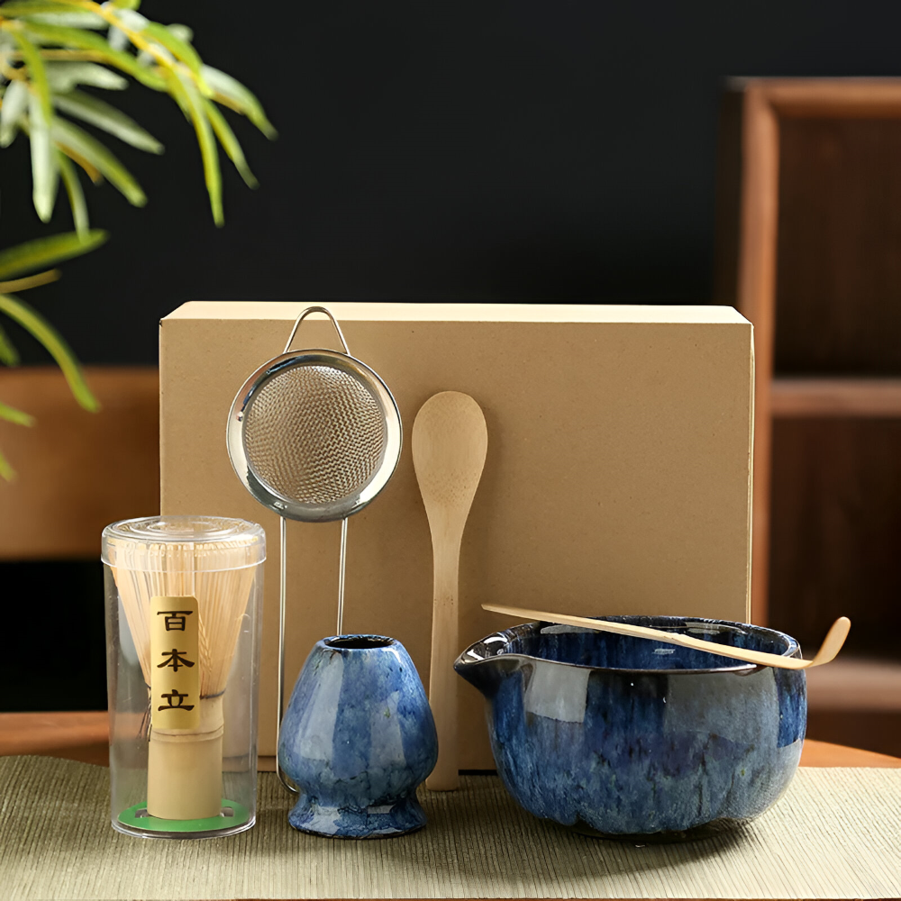 Traditionellt Japanskt Matcha Set - 6-Delar Set - Handgjord Keramikskål med Bambusverktyg