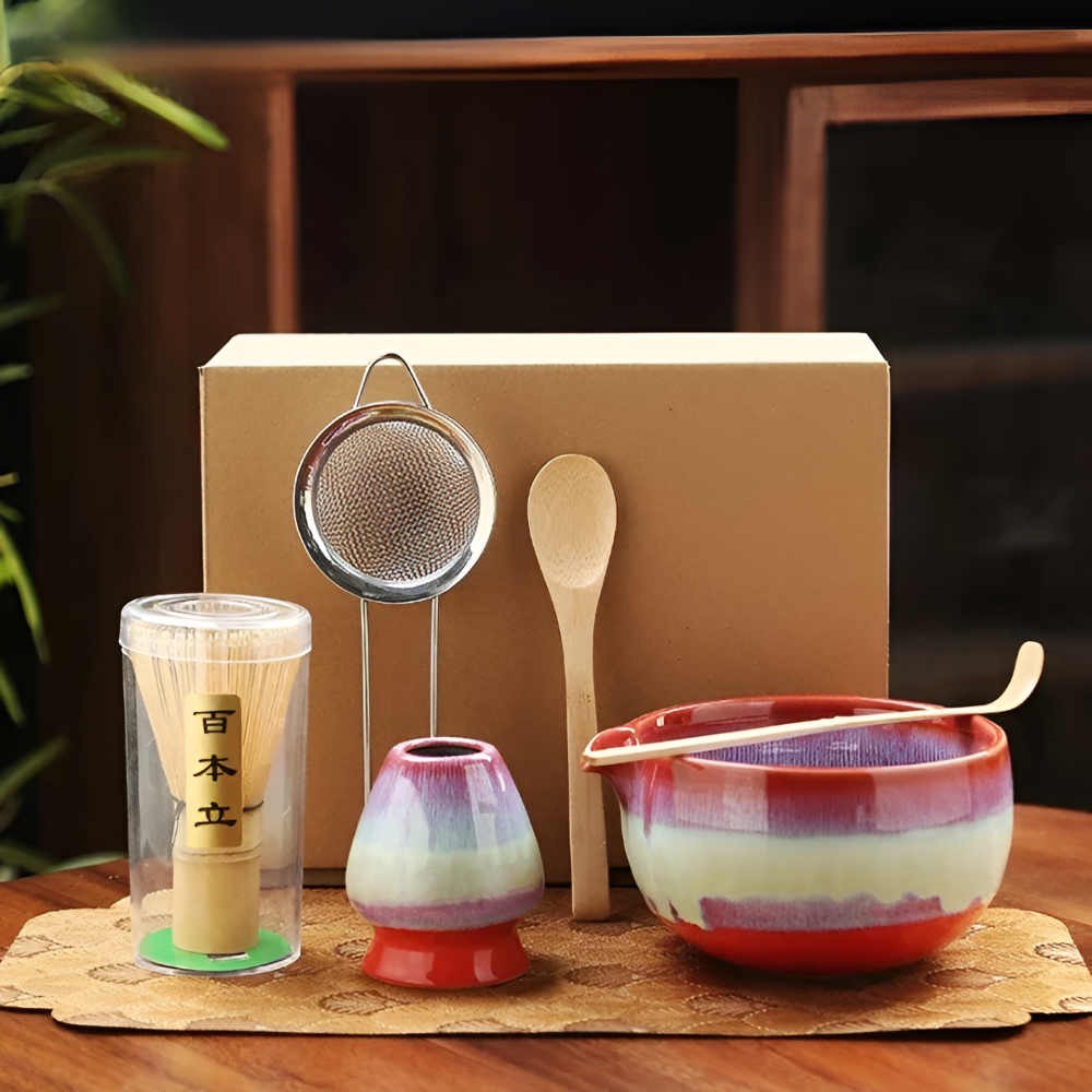 Traditionellt Japanskt Matcha Set - 6-Delar Set - Handgjord Keramikskål med Bambusverktyg
