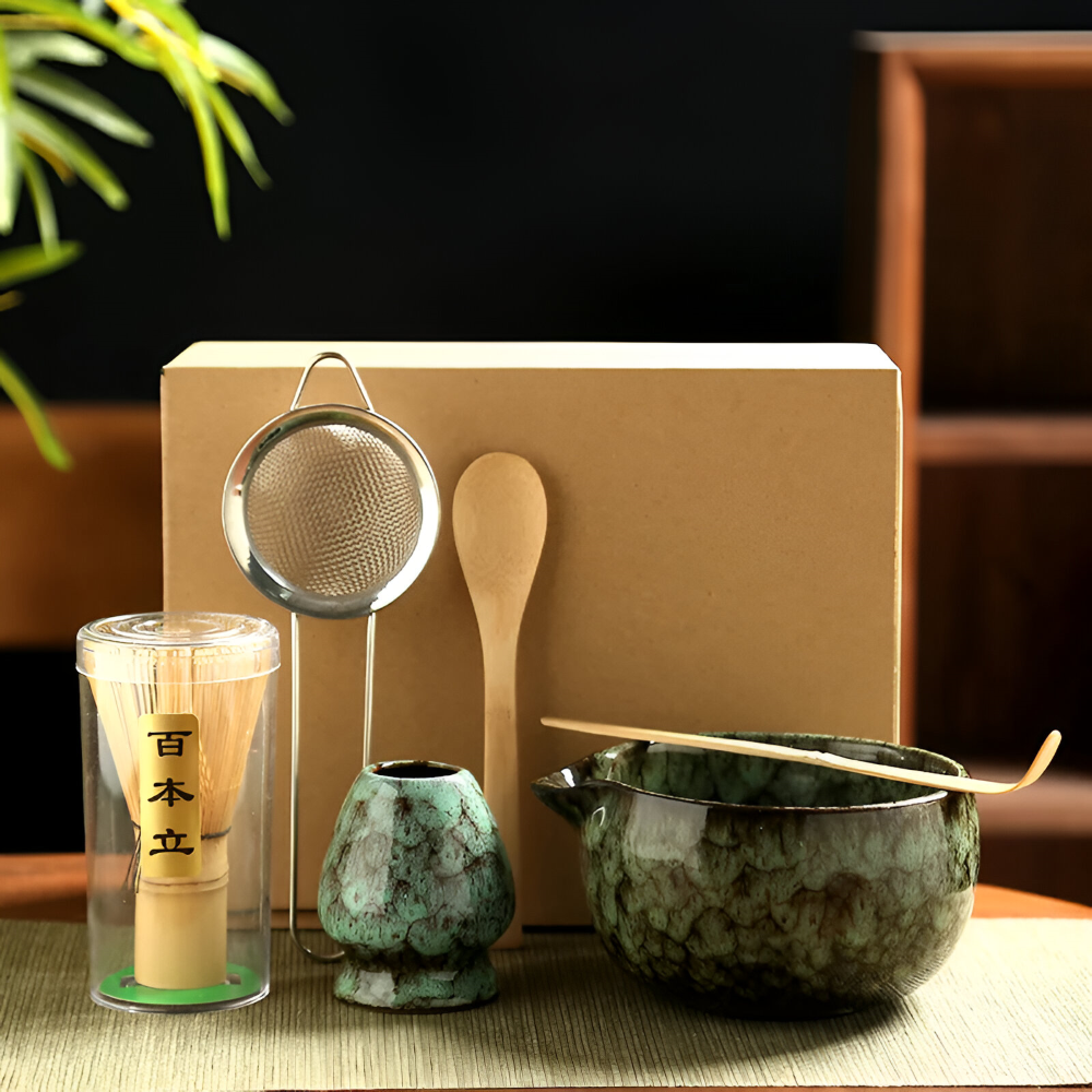 Traditionellt Japanskt Matcha Set - 6-Delar Set - Handgjord Keramikskål med Bambusverktyg