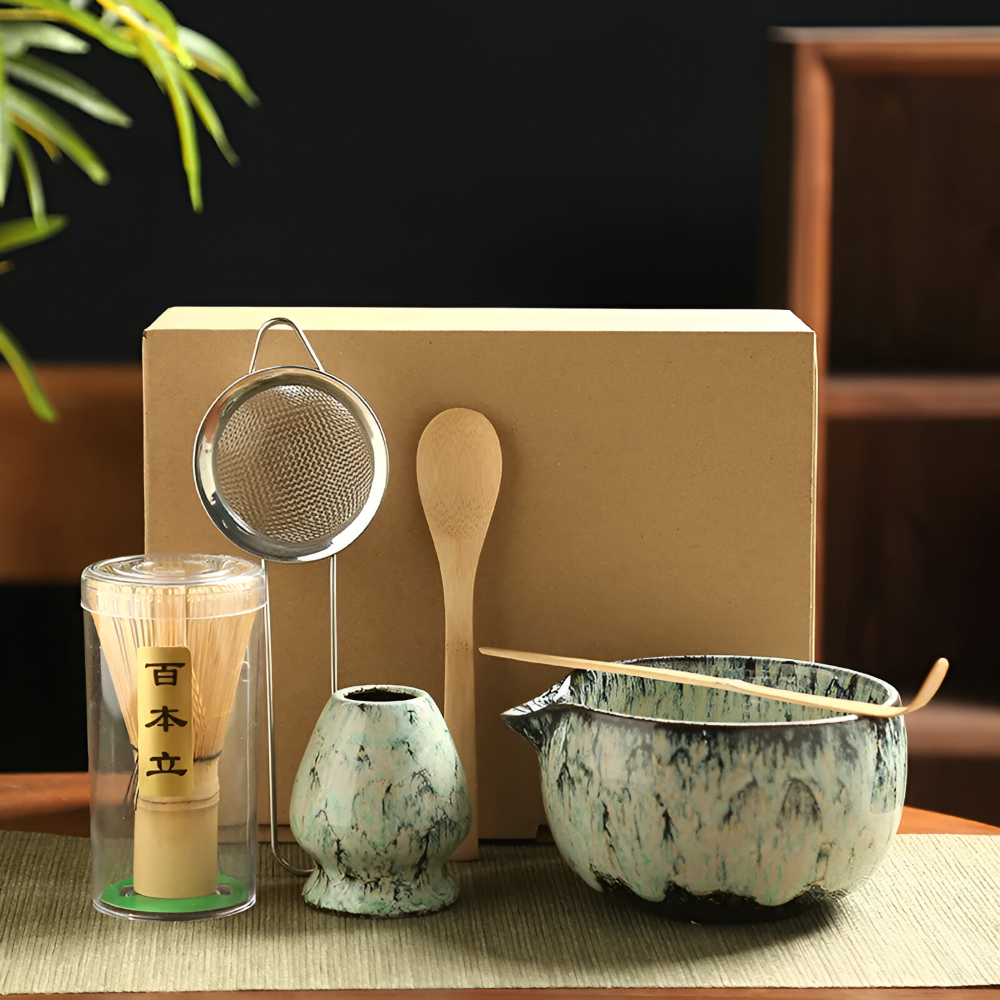 Traditionellt Japanskt Matcha Set - 6-Delar Set - Handgjord Keramikskål med Bambusverktyg