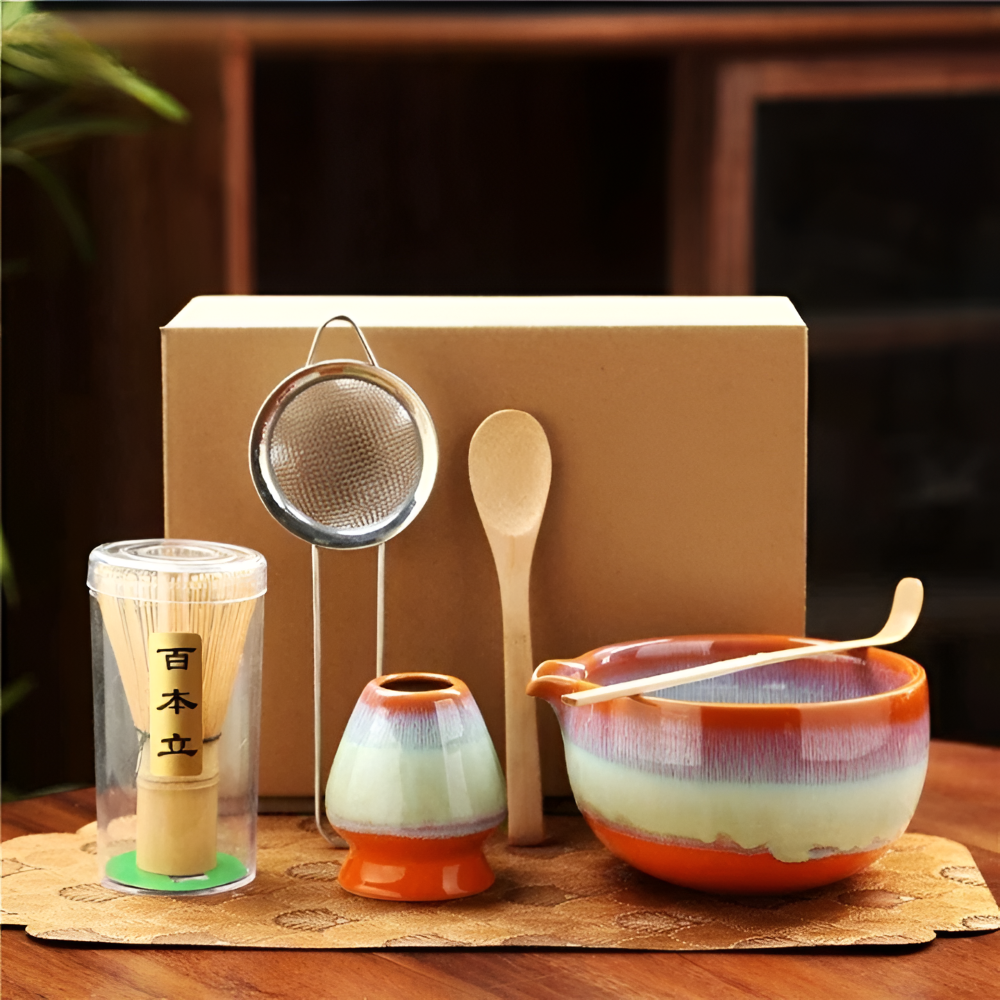 Traditionellt Japanskt Matcha Set - 6-Delar Set - Handgjord Keramikskål med Bambusverktyg