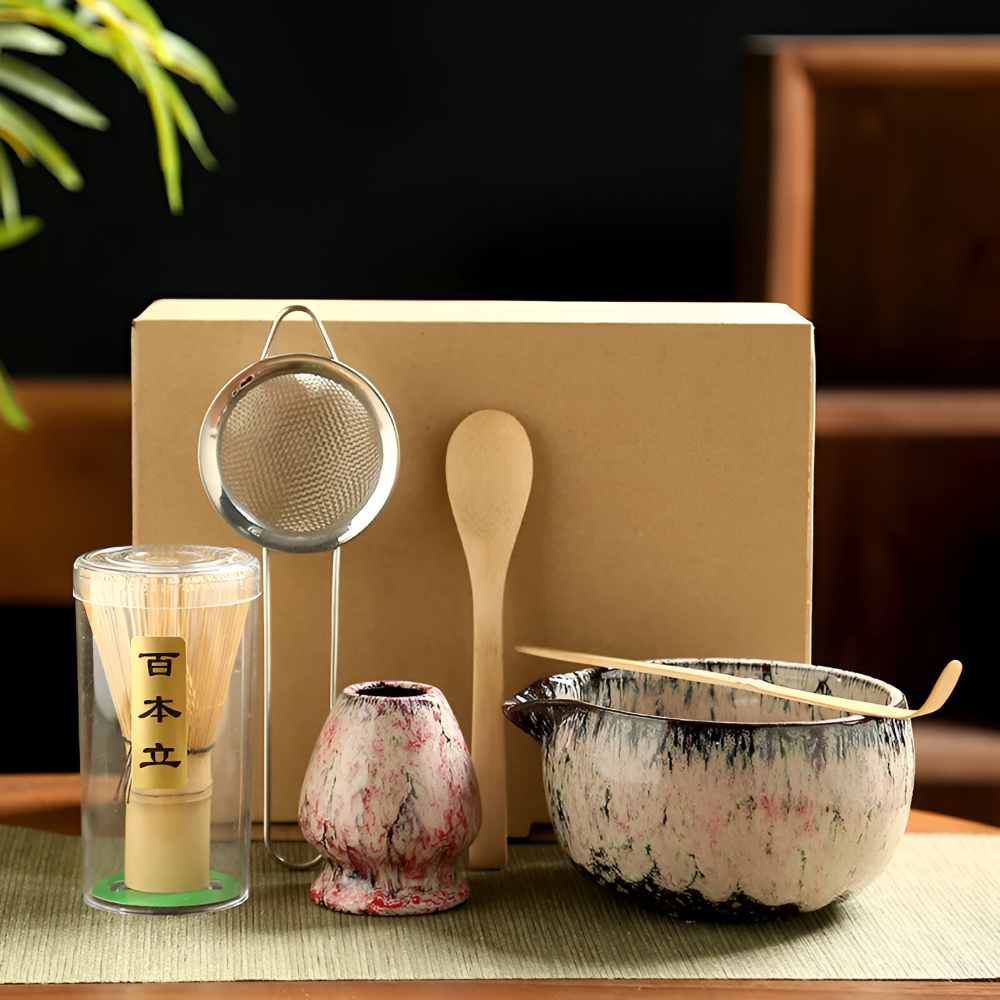 Traditionellt Japanskt Matcha Set - 6-Delar Set - Handgjord Keramikskål med Bambusverktyg