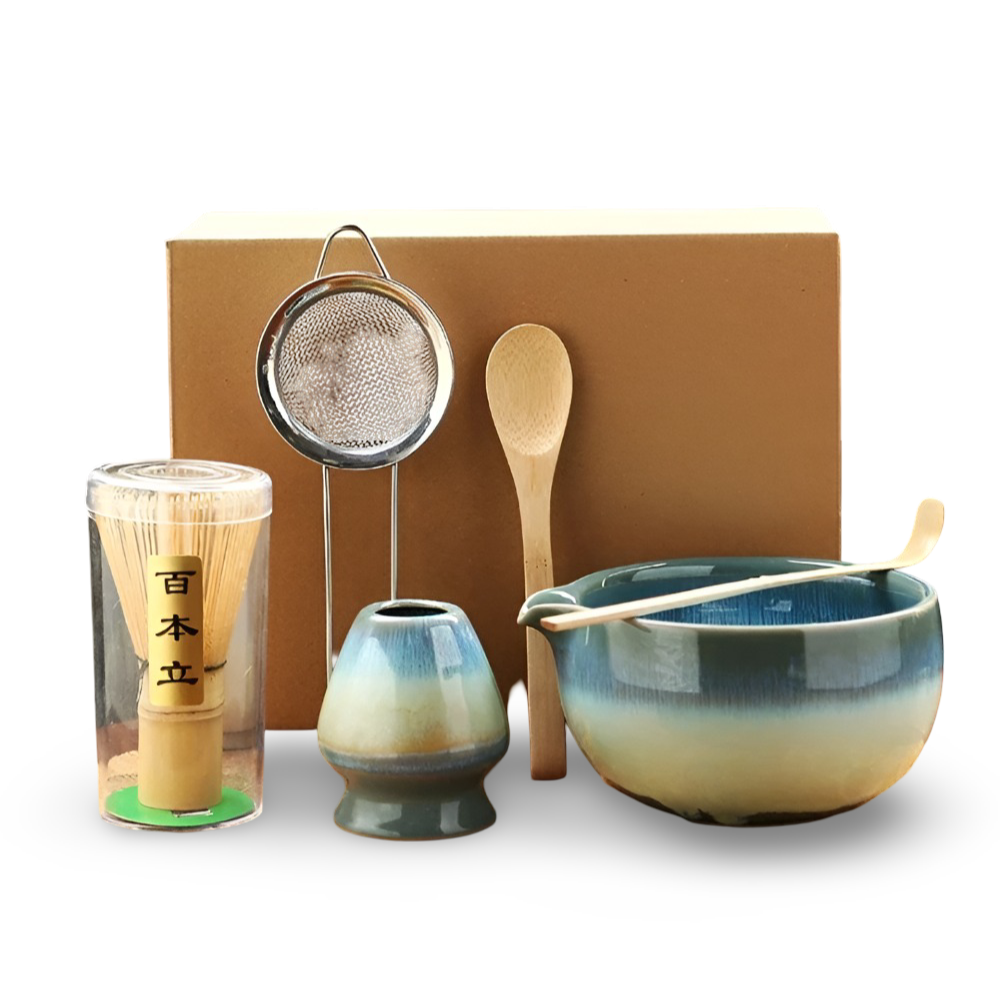 Traditionellt Japanskt Matcha Set - 6-Delar Set - Handgjord Keramikskål med Bambusverktyg