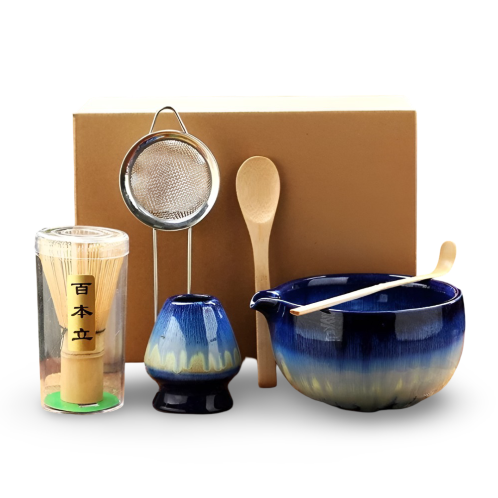 Traditionellt Japanskt Matcha Set - 6-Delar Set - Handgjord Keramikskål med Bambusverktyg