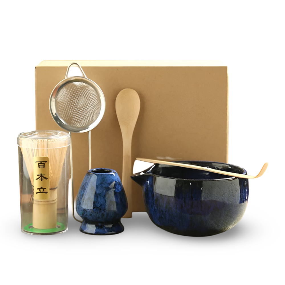 Traditionellt Japanskt Matcha Set - 6-Delar Set - Handgjord Keramikskål med Bambusverktyg