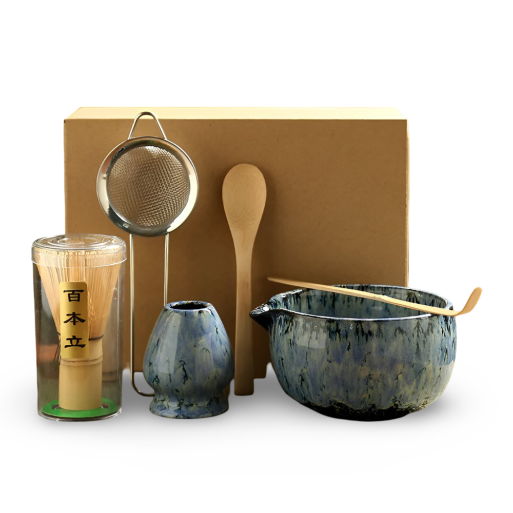 Traditionellt Japanskt Matcha Set - 6-Delar Set - Handgjord Keramikskål med Bambusverktyg