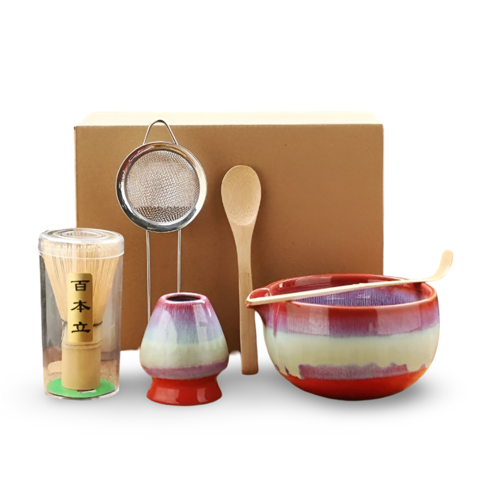 Traditionellt Japanskt Matcha Set - 6-Delar Set - Handgjord Keramikskål med Bambusverktyg
