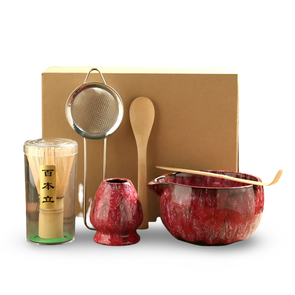 Traditionellt Japanskt Matcha Set - 6-Delar Set - Handgjord Keramikskål med Bambusverktyg