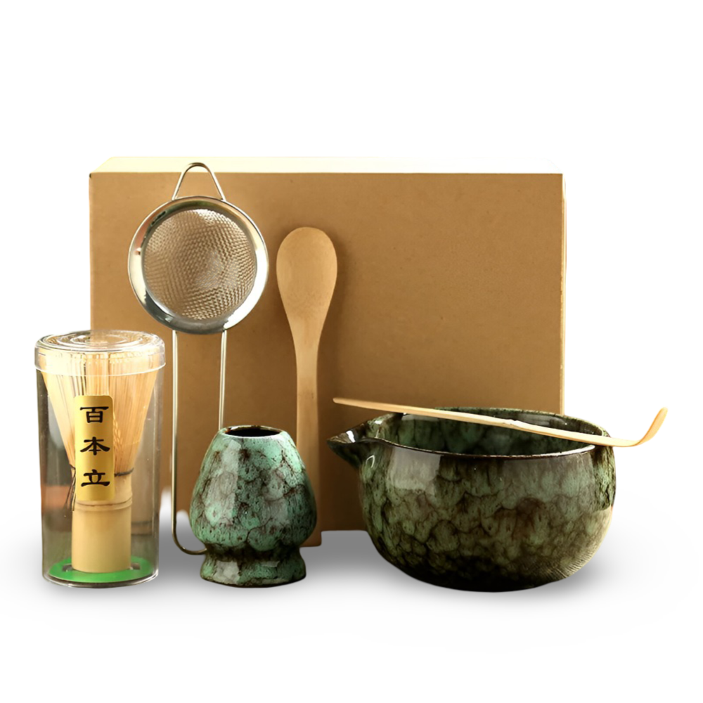 Traditionellt Japanskt Matcha Set - 6-Delar Set - Handgjord Keramikskål med Bambusverktyg