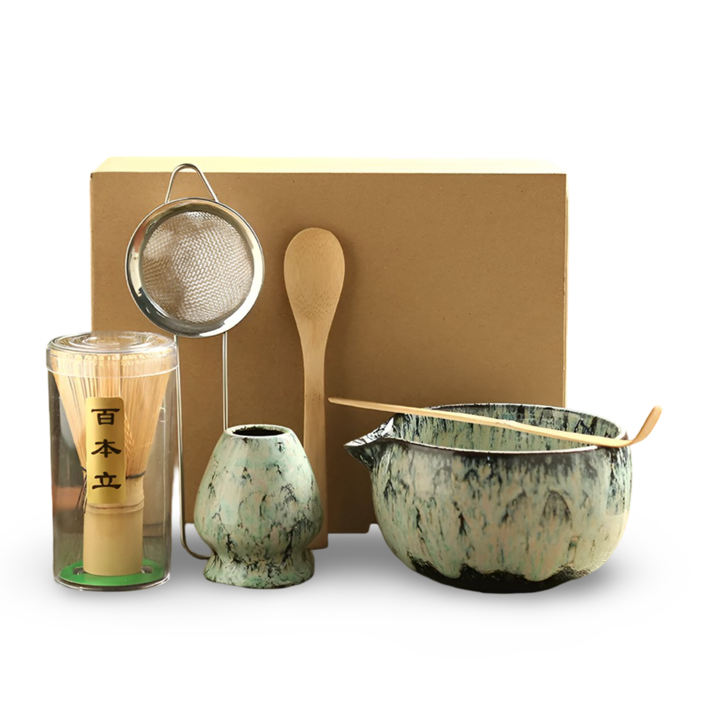Traditionellt Japanskt Matcha Set - 6-Delar Set - Handgjord Keramikskål med Bambusverktyg