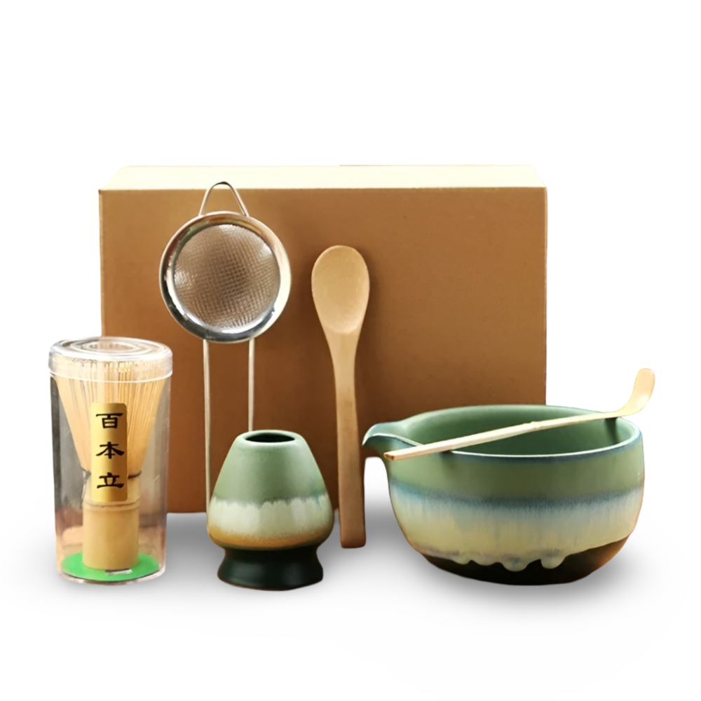 Traditionellt Japanskt Matcha Set - 6-Delar Set - Handgjord Keramikskål med Bambusverktyg