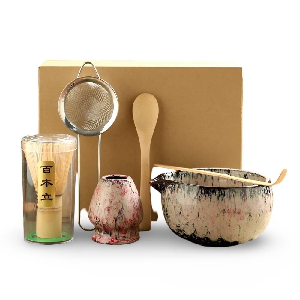 Traditionellt Japanskt Matcha Set - 6-Delar Set - Handgjord Keramikskål med Bambusverktyg