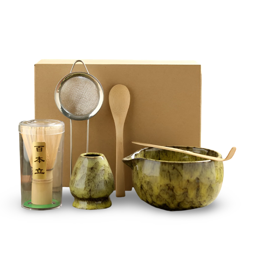 Traditionellt Japanskt Matcha Set - 6-Delar Set - Handgjord Keramikskål med Bambusverktyg