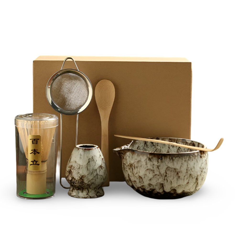 Traditionellt Japanskt Matcha Set - 6-Delar Set - Handgjord Keramikskål med Bambusverktyg