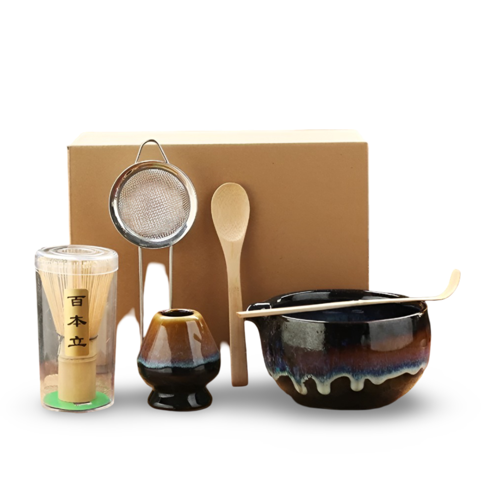 Traditionellt Japanskt Matcha Set - 6-Delar Set - Handgjord Keramikskål med Bambusverktyg