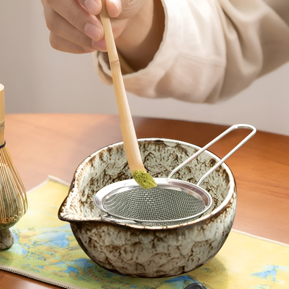 Traditionellt Japanskt Matcha Set - 6-Delar Set - Handgjord Keramikskål med Bambusverktyg