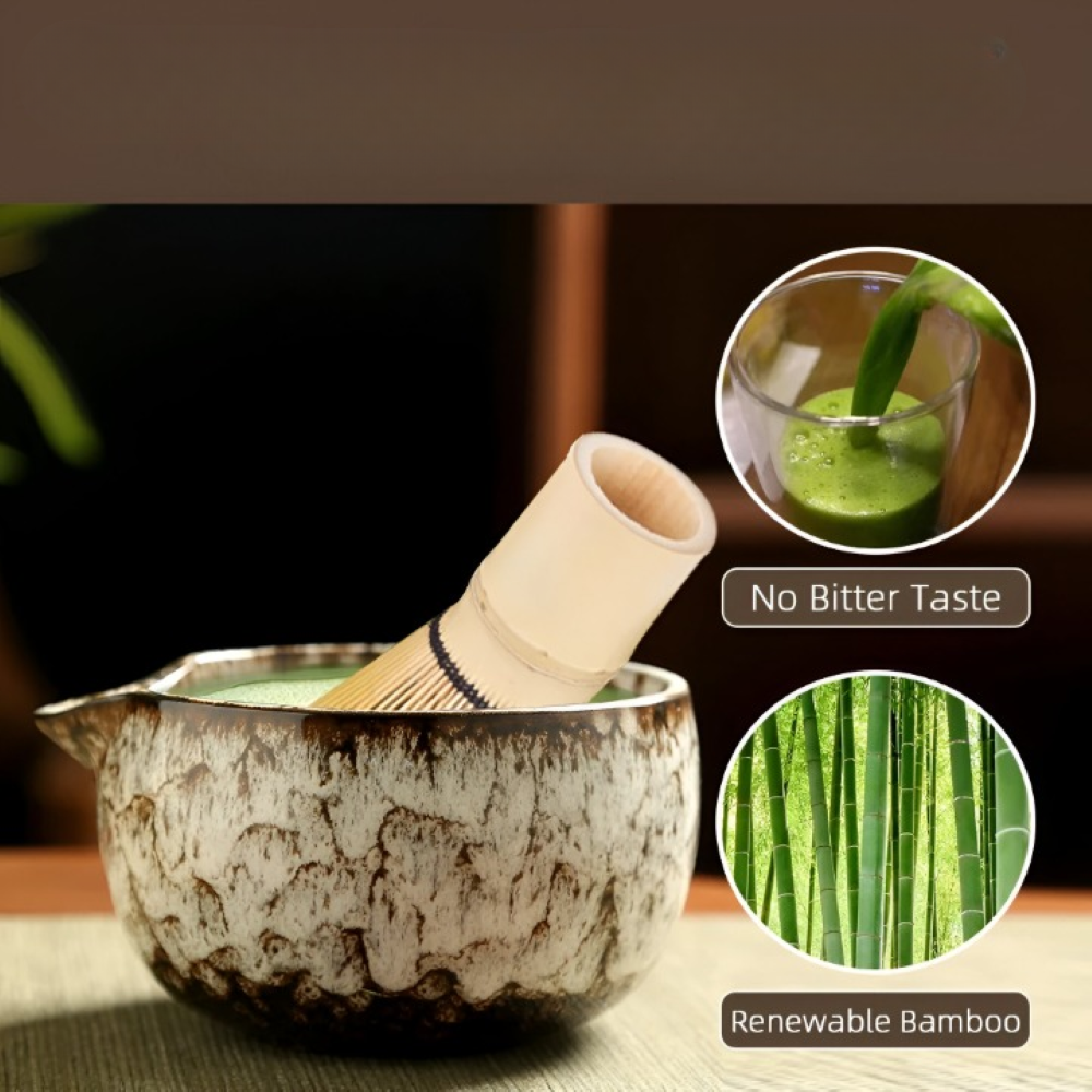 Traditionellt Japanskt Matcha Set - 6-Delar Set - Handgjord Keramikskål med Bambusverktyg