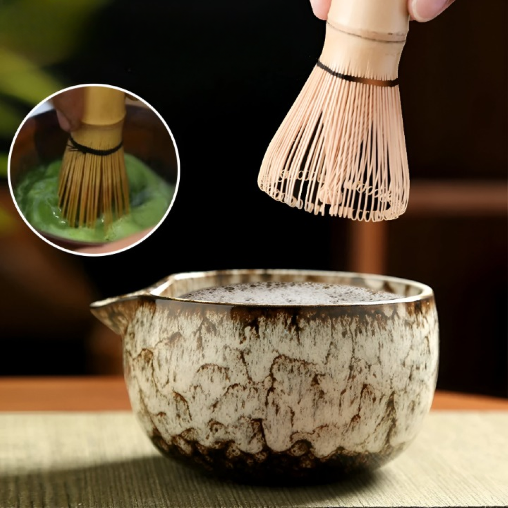 Traditionellt Japanskt Matcha Set - 6-Delar Set - Handgjord Keramikskål med Bambusverktyg