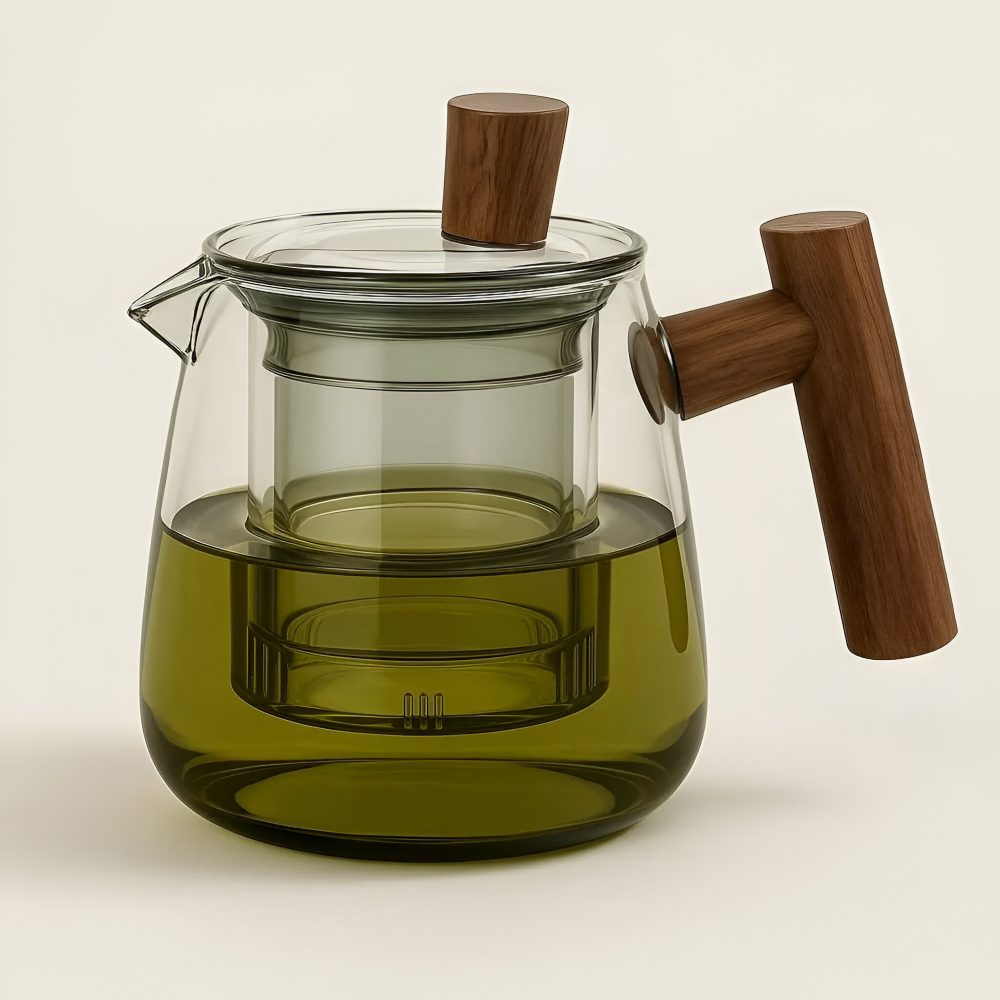 600ml Glas-Tekanna med Trähandtag - Borosilikatglas, Rökgrå