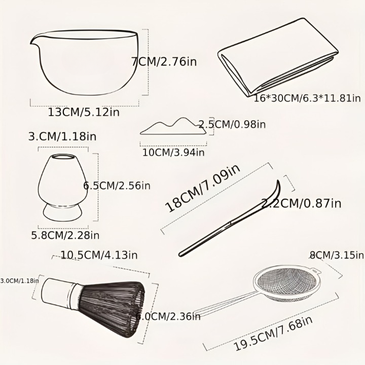 Matcha-set 7-delat med Skål (450ml) & hällpip – Japanskt Teceremoniset i Keramik & Bambu – Gåvoset