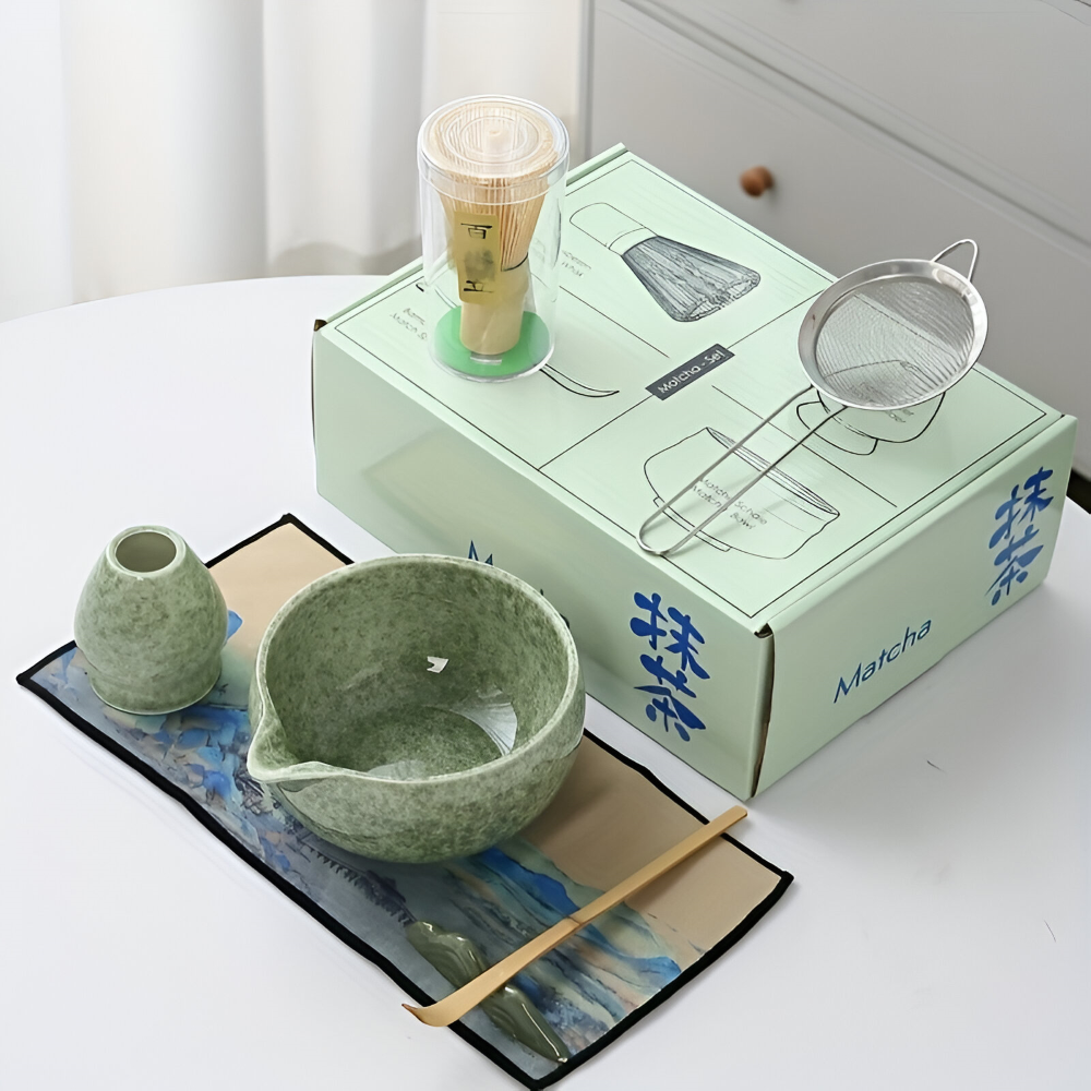 Matcha-set 7-delat med Skål (450ml) & hällpip – Japanskt Teceremoniset i Keramik & Bambu – Gåvoset