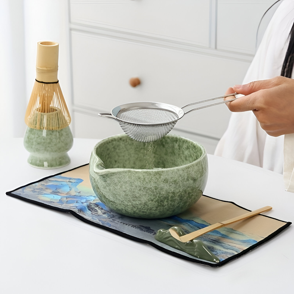 Matcha-set 7-delat med Skål (450ml) & hällpip – Japanskt Teceremoniset i Keramik & Bambu – Gåvoset