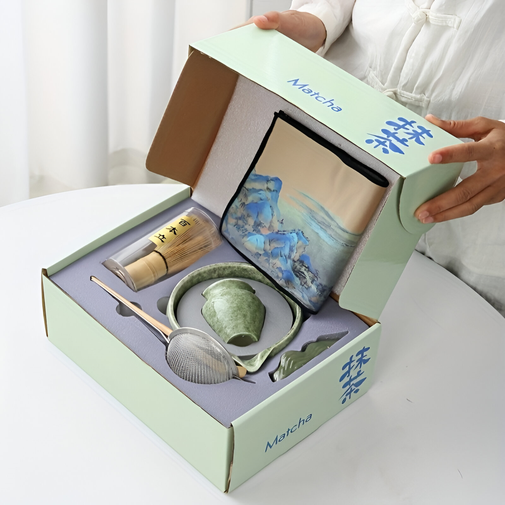 Matcha-set 7-delat med Skål (450ml) & hällpip – Japanskt Teceremoniset i Keramik & Bambu – Gåvoset
