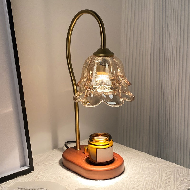 Modern bordslampa med rund glaskupa och träfot
