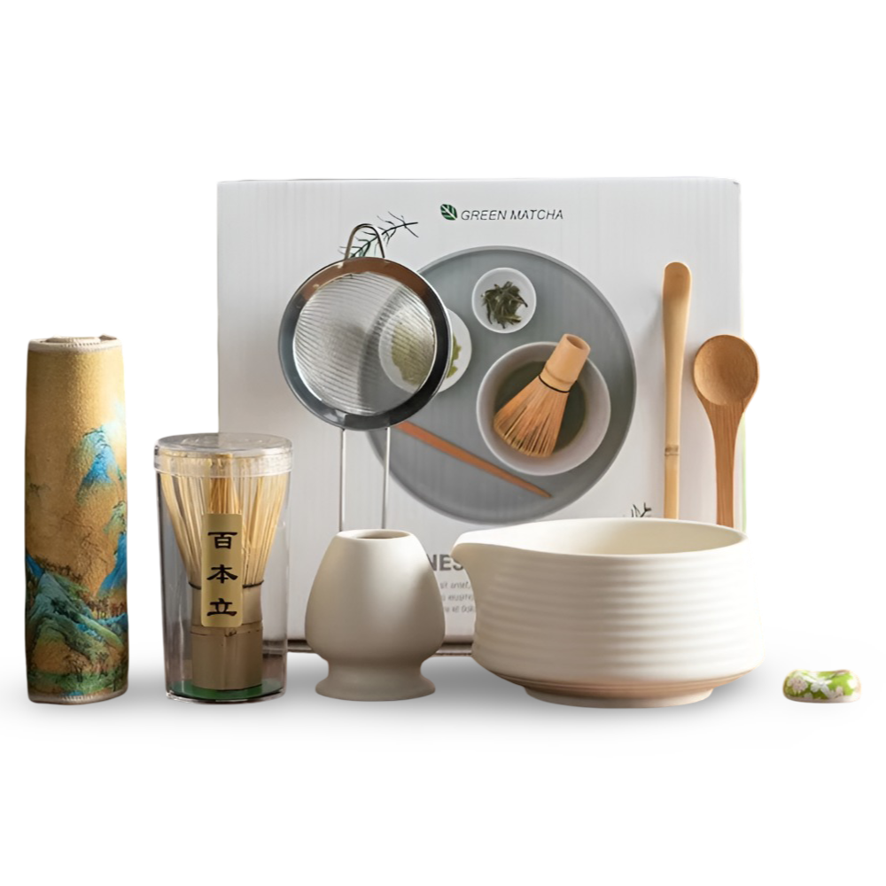 Premium Matcha Set Keramik & Bambus (8-delar) – Inkl. Skål, Visp, Sikt & Hållare