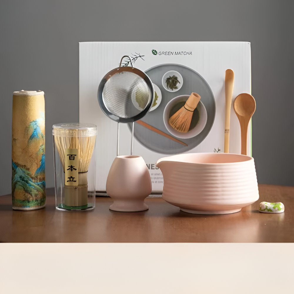 Premium Matcha Set Keramik & Bambus (8-delar) – Inkl. Skål, Visp, Sikt & Hållare