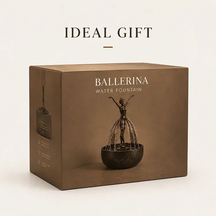 Inomhusfontän i harts sedd från sidan med roterande ballerina