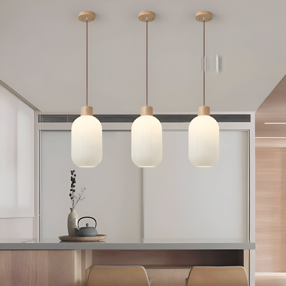 AkariLuxe Pendellampa - Elegant Japansk Mjölkvit Ribbad Glas Hänglampa
