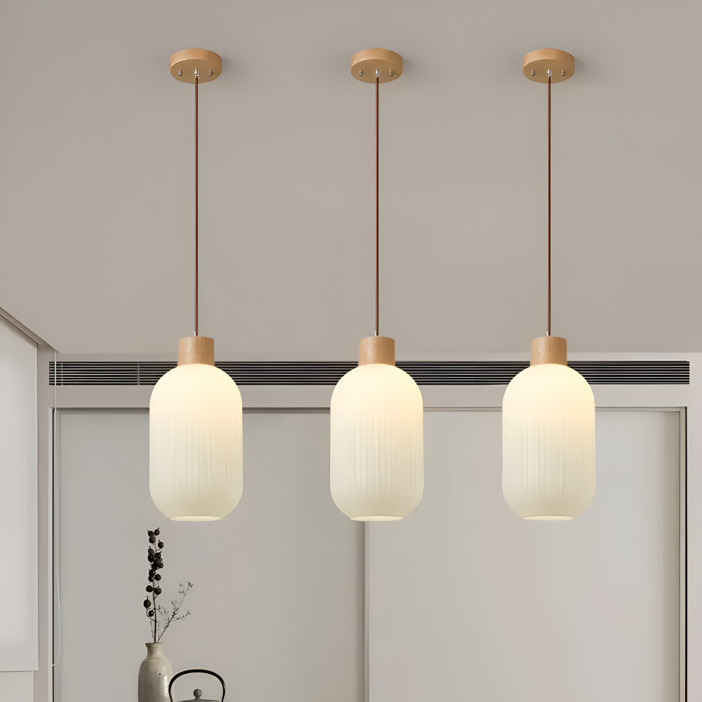 AkariLuxe Pendellampa - Elegant Japansk Mjölkvit Ribbad Glas Hänglampa