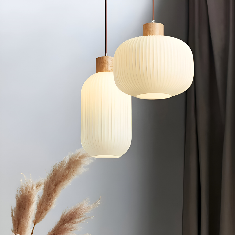 AkariLuxe Pendellampa - Elegant Japansk Mjölkvit Ribbad Glas Hänglampa