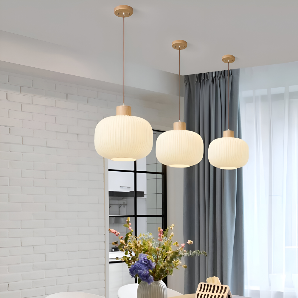 AkariLuxe Pendellampa - Elegant Japansk Mjölkvit Ribbad Glas Hänglampa