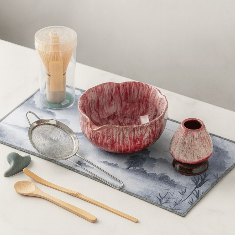 Artisan Matcha Set 8-delar – Handgjord Keramikskål (550ml), Bambusvisp & Sikt – Japanskt Teceremonigåvoset