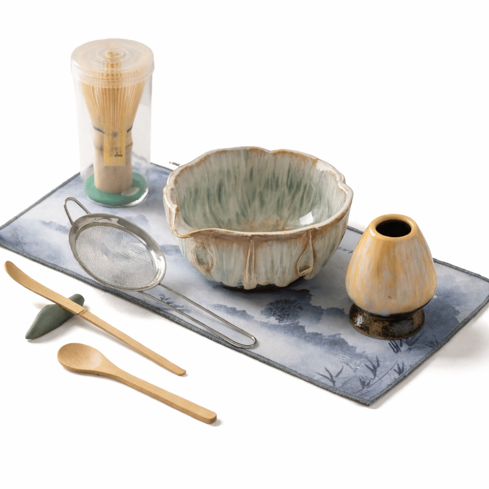 Artisan Matcha Set 8-delar – Handgjord Keramikskål (550ml), Bambusvisp & Sikt – Japanskt Teceremonigåvoset