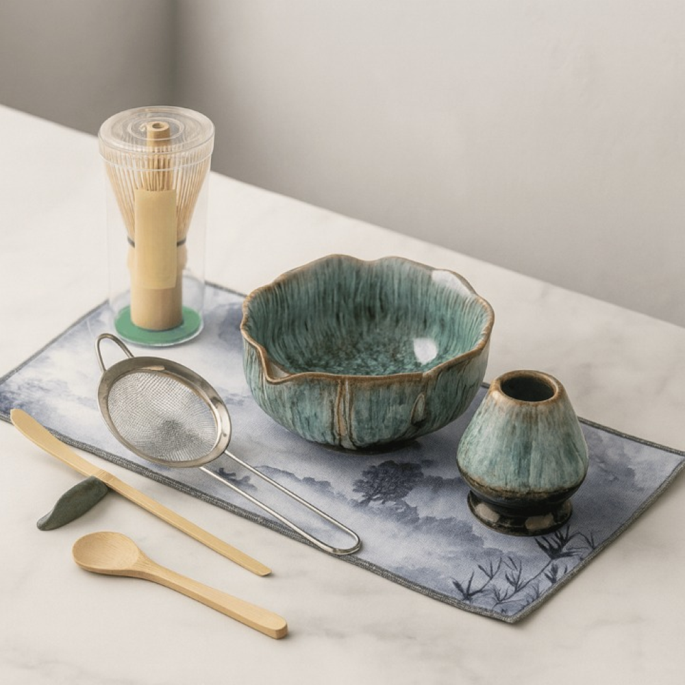 Artisan Matcha Set 8-delar – Handgjord Keramikskål (550ml), Bambusvisp & Sikt – Japanskt Teceremonigåvoset