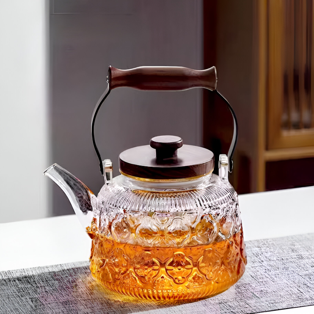Begonia Glas-Tekanna 1000ml med Sil & Trähandtag – Värmetålig
