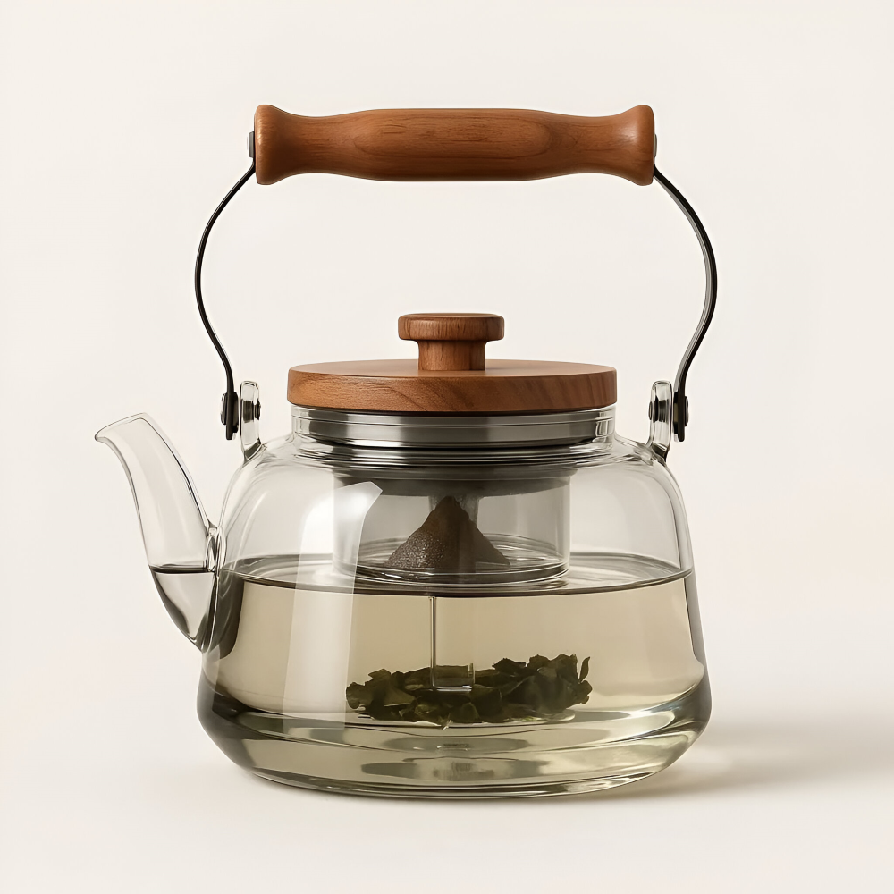 Begonia Glas-Tekanna 1000ml med Sil & Trähandtag – Värmetålig
