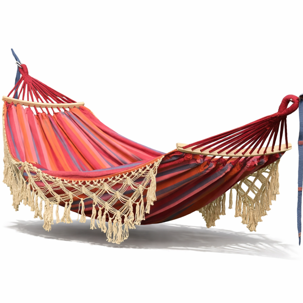 Bohemisk Bomullshängmatta - Färgglada Ränder med Pompoms för Trädgård och inomhusbruk